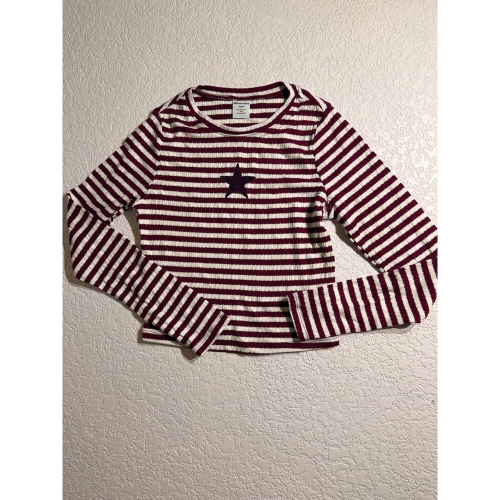No Boundaries Burgundy & Cream Striped Star Ribbed Long Sleeve Top Size S